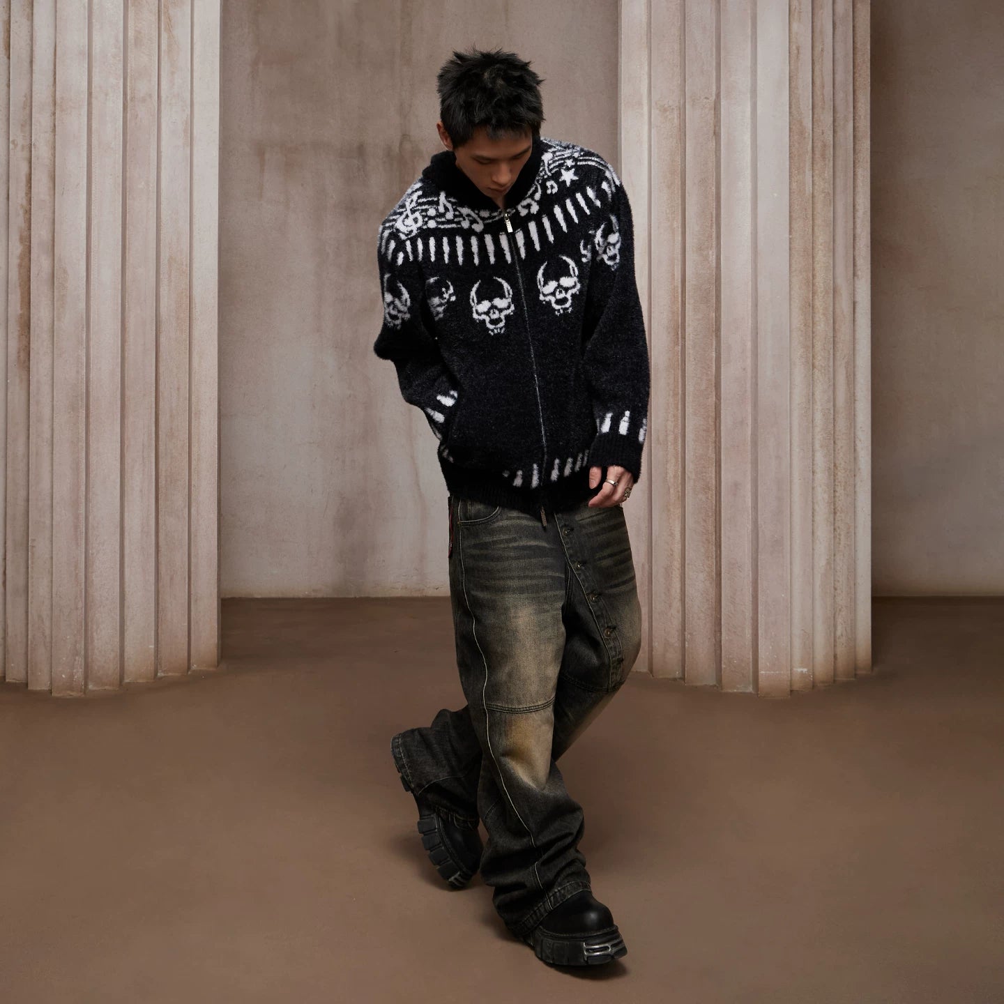 DND4DES imitation mink fur note bullet skull print Fel Island wool knit sweater contrasting zipper hooded jacket