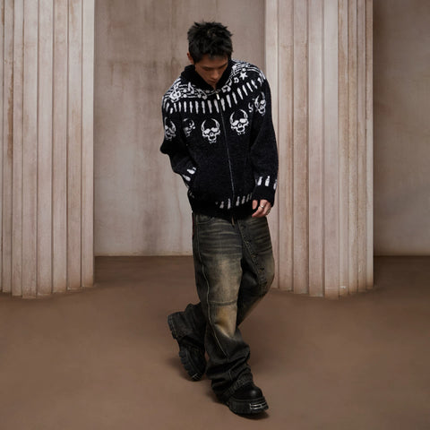 DND4DES imitation mink fur note bullet skull print Fel Island wool knit sweater contrasting zipper hooded jacket