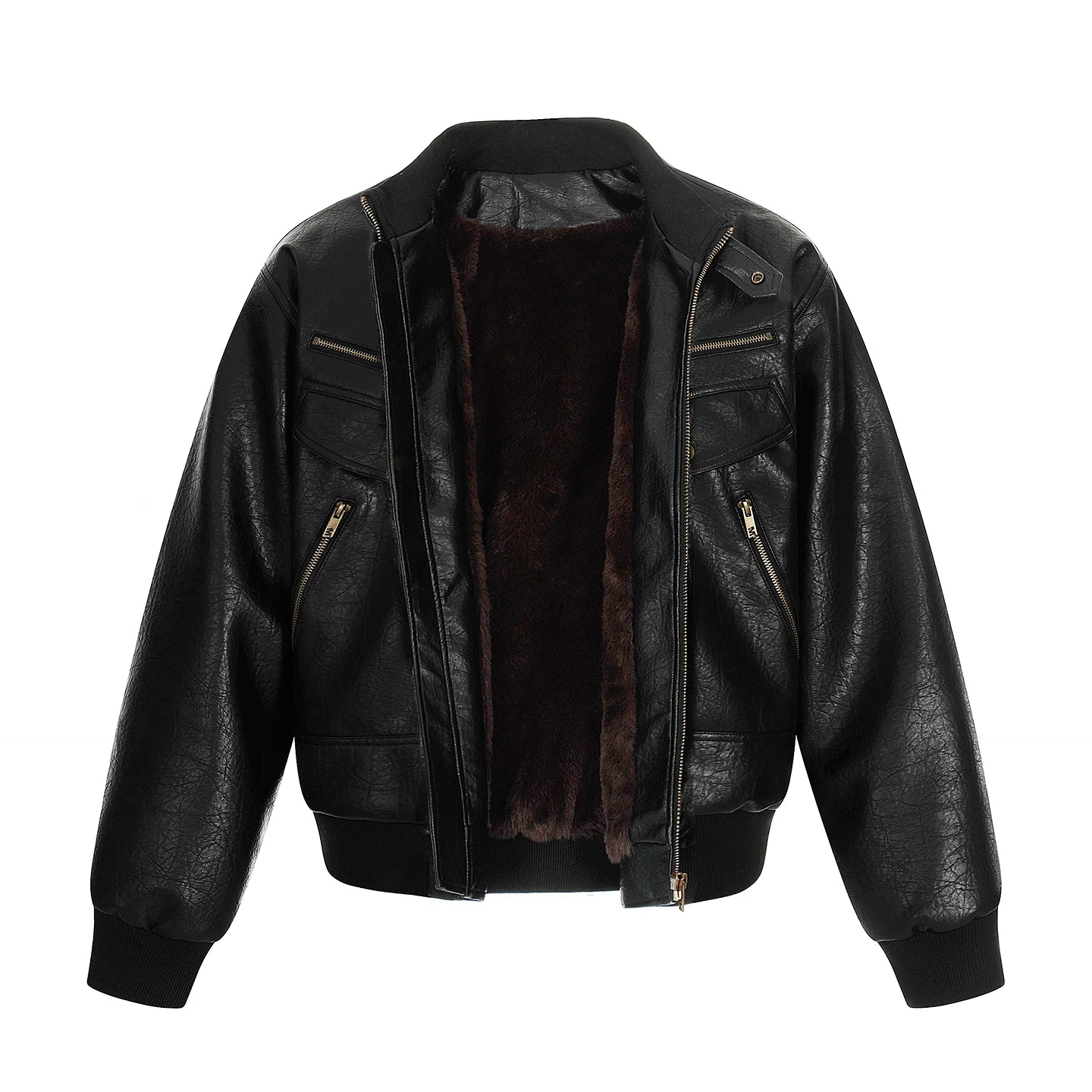 A PUEE American retro texture design PU leather jacket boxy multi pocket silhouette motorcycle suit jacket trendy