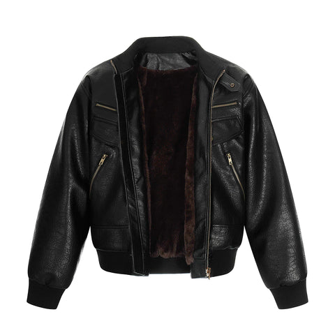 A PUEE American retro texture design PU leather jacket boxy multi pocket silhouette motorcycle suit jacket trendy