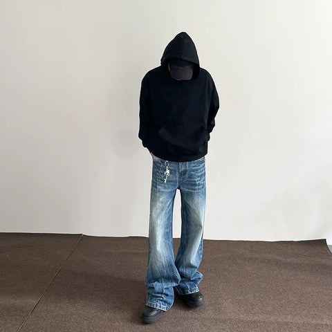 American high street vibe lightning burst blue jeans, men's trendy straight leg micro flare cleanfit slimming pants
