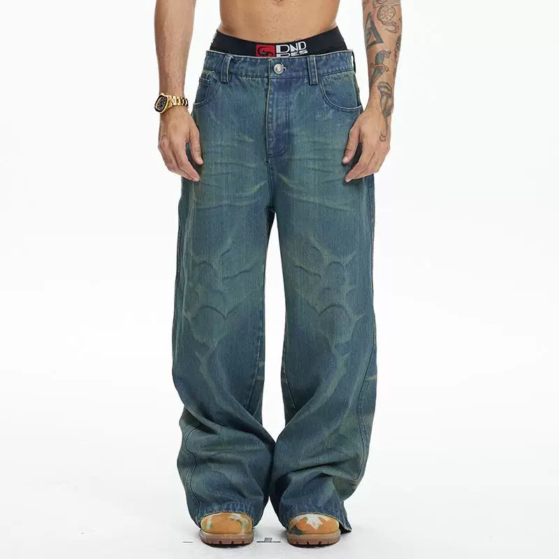 DND4DES American retro laser burned flower washed distressed bamboo striped jeans straight tube micro flared 2021M version