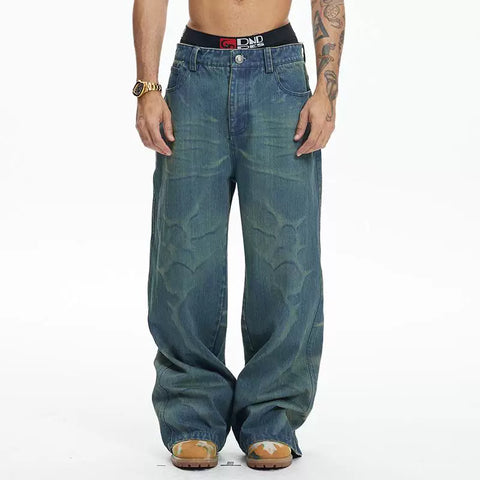 DND4DES American retro laser burned flower washed distressed bamboo striped jeans straight tube micro flared 2021M version