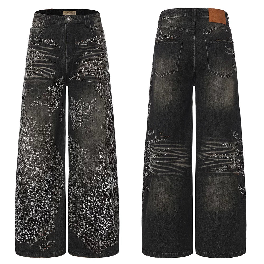 DND4DES Ding Yuxi Same Style American Heavy Industry Wash Dirty Stained Starry Sky Cross Color Hot Drilled Straight leg Jeans