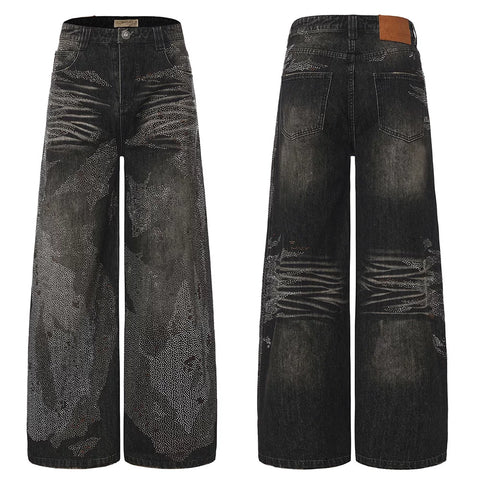 DND4DES Ding Yuxi Same Style American Heavy Industry Wash Dirty Stained Starry Sky Cross Color Hot Drilled Straight leg Jeans