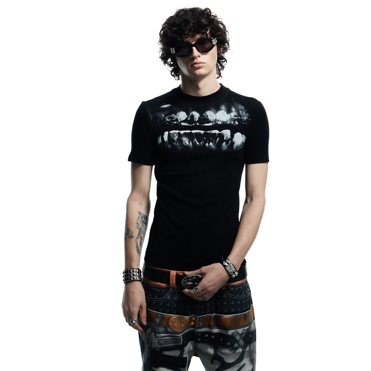 DND4DES dental drill opium dark tight print elastic slim fit wool blend inner bottom short sleeved T-shirt