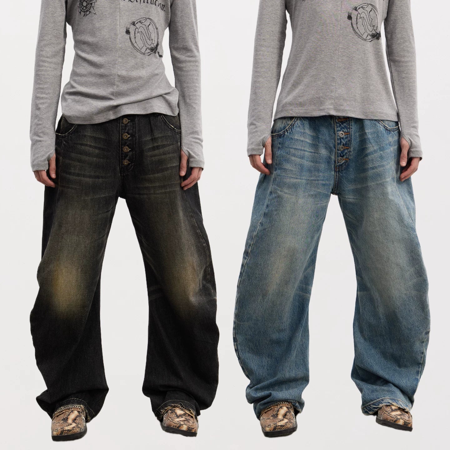DND4DES American retro three-dimensional washed cat whiskers made of old curved knife shaped buckle baggy jeans in multiple colors