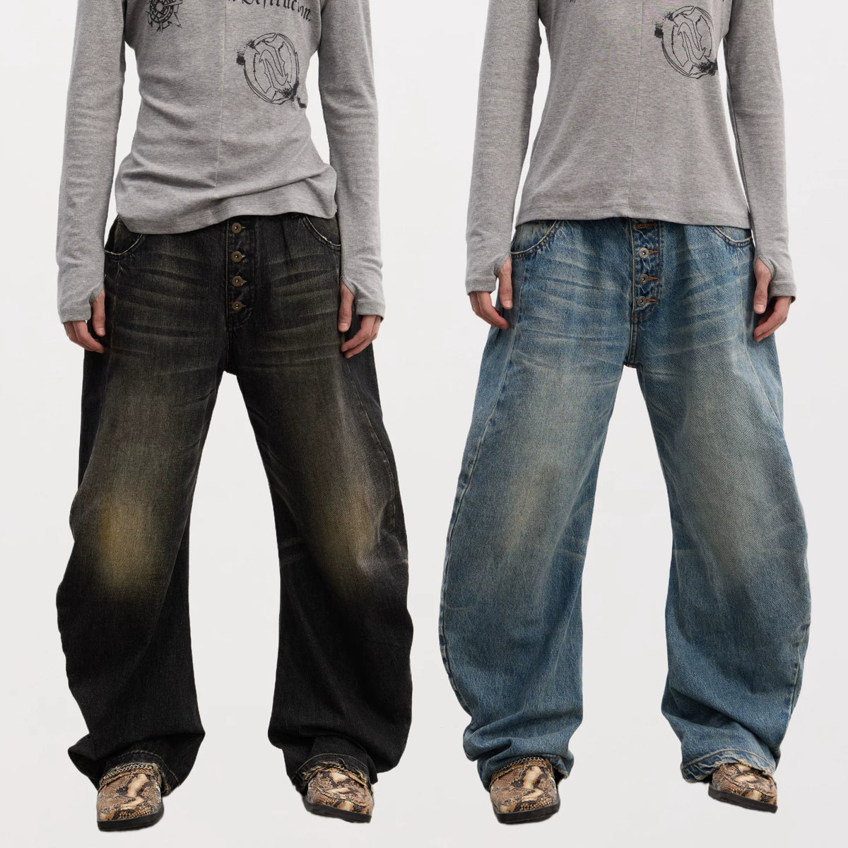 DND4DES American retro three-dimensional washed cat whiskers made of old curved knife shaped buckle baggy jeans in multiple colors