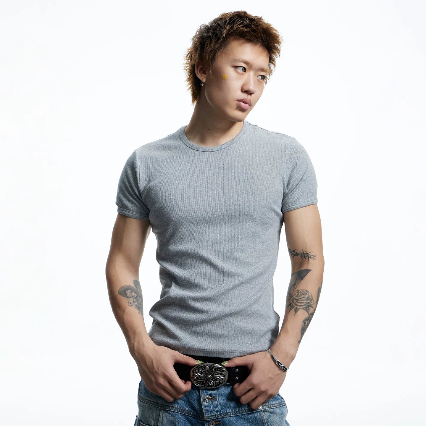 DND4DES American Street Hip Hop Rap Elastic Basic Tight Fit Thread T-shirt Short Sleeve Base