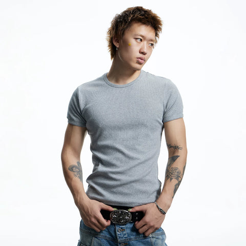 DND4DES American Street Hip Hop Rap Elastic Basic Tight Fit Thread T-shirt Short Sleeve Base