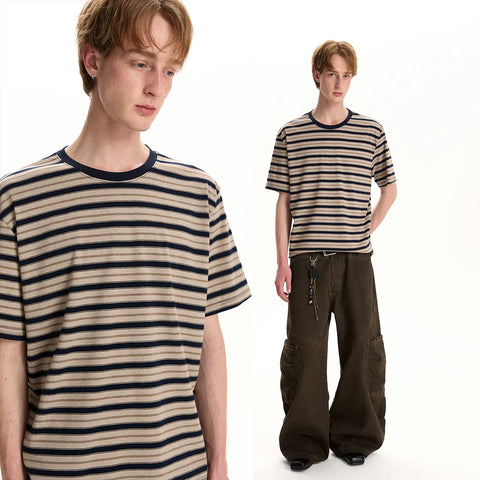 A PUEE retro high intelligence striped short sleeved T-shirt for men and women's cleanfit commuting versatile loose casual top