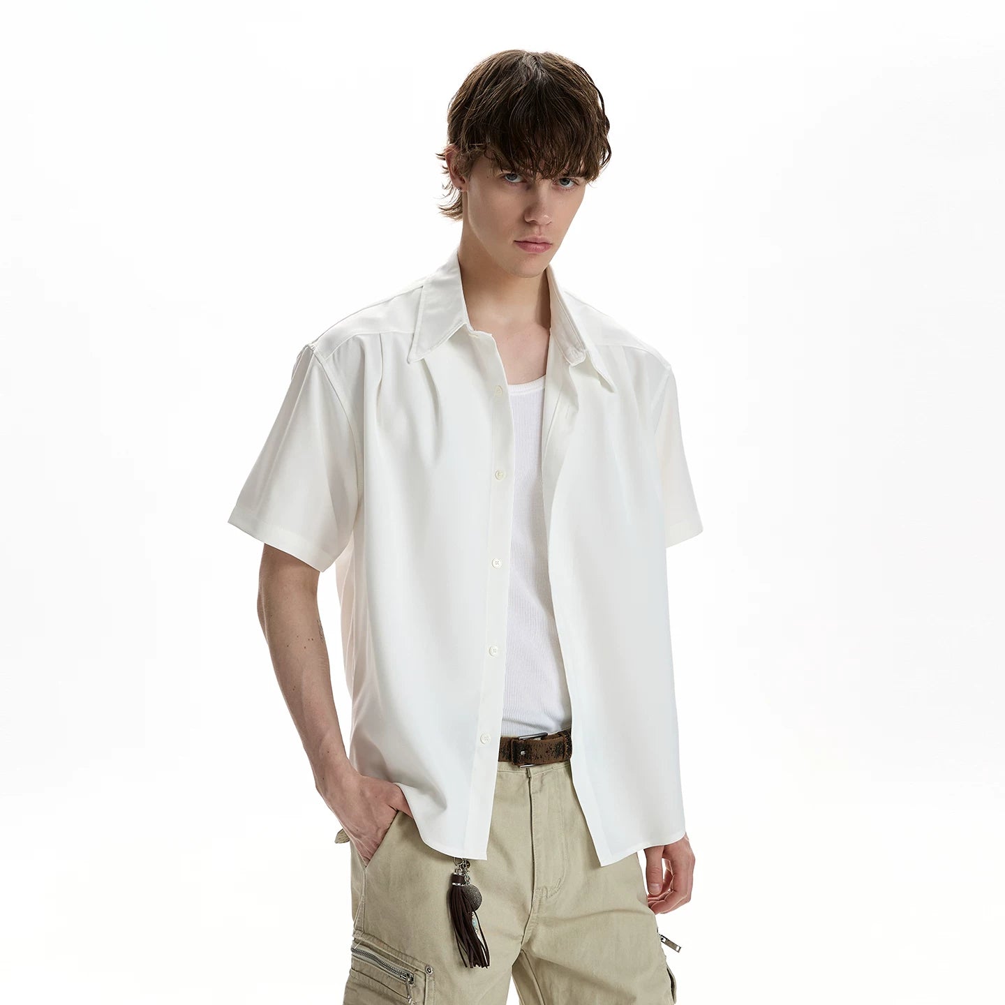 A PUEE classic minimalist deconstructive cut short sleeved shirt cleanfit, high-end casual versatile shoulder shirt