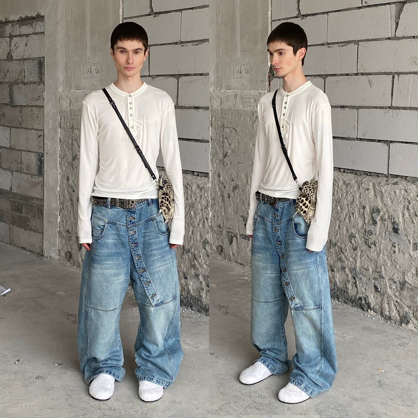 DND4DES American Heavy Industry 3D Cat Beard Washed for Old, Long Buckle Baggy, Curved Knife Jeans, Multi Color