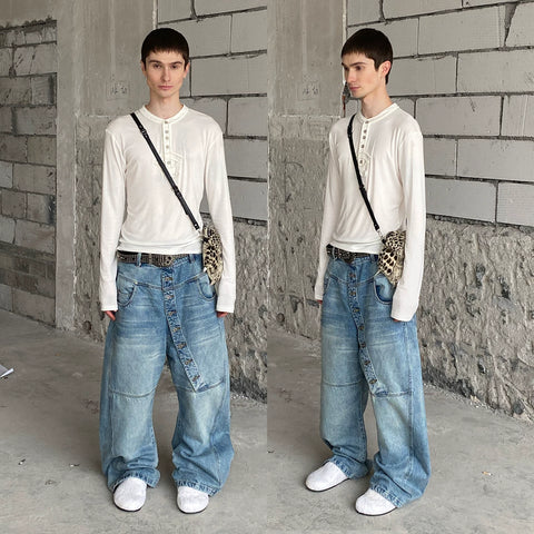 DND4DES American Heavy Industry 3D Cat Beard Washed for Old, Long Buckle Baggy, Curved Knife Jeans, Multi Color