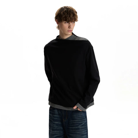 A PUEE high-end fake two-piece spliced long sleeved T-shirt clean fit layered design sense short and stylish top