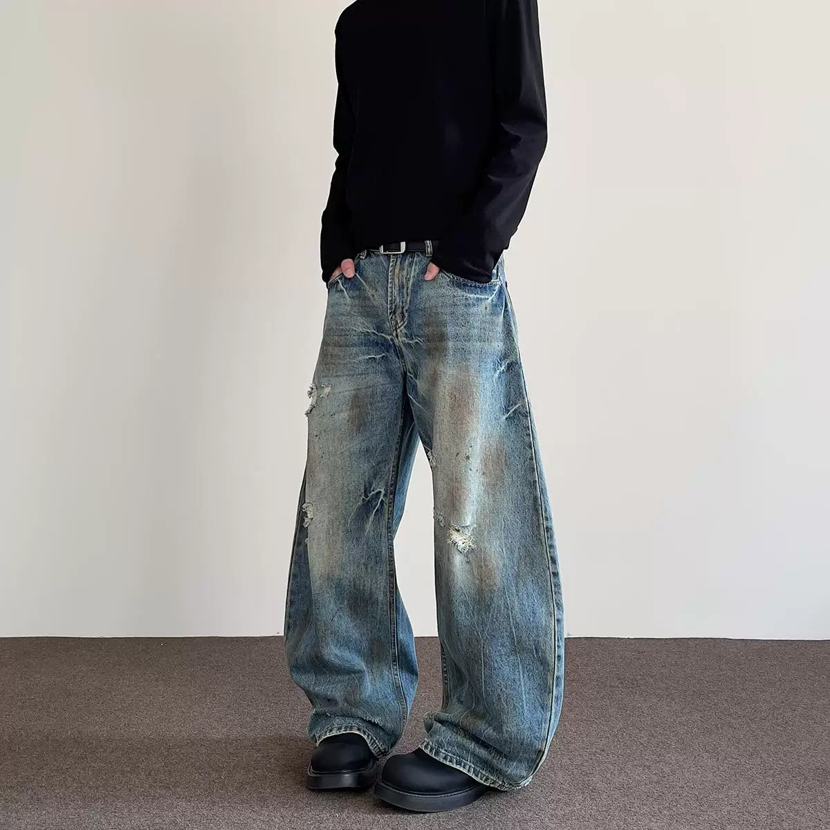 A PUEE American retro street distressed distressed jeans men's trendy straight leg slightly flared cleanfit curved knife pants
