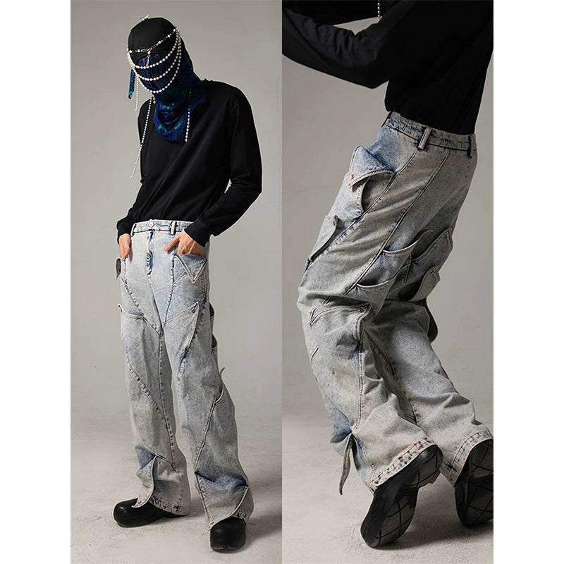 DND4DES deconstructs washed denim jeans with a sense of niche design, retro snow flower washing technology, youth trend pants