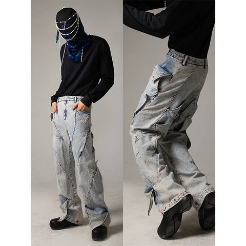 DND4DES deconstructs washed denim jeans with a sense of niche design, retro snow flower washing technology, youth trend pants