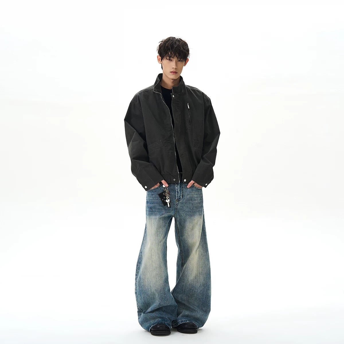 A PUEE American retro bomber standing collar pilot jacket men's and women's boxy short Barn style workwear jacket