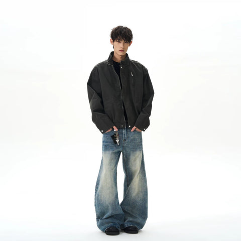 A PUEE American retro bomber standing collar pilot jacket men's and women's boxy short Barn style workwear jacket
