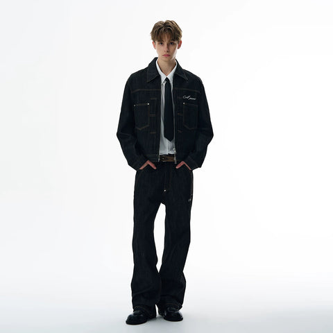 A PUEE American retro silhouette denim original color denim jacket set, clean fit, cool and loose fit jacket trendy