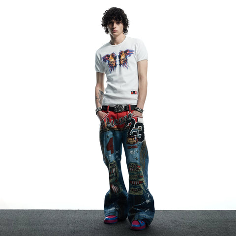 DND4DES American Street Hip Hop Short Sleeve Tight Elastic Skull Print Slimming Bottom Thread T-shirt