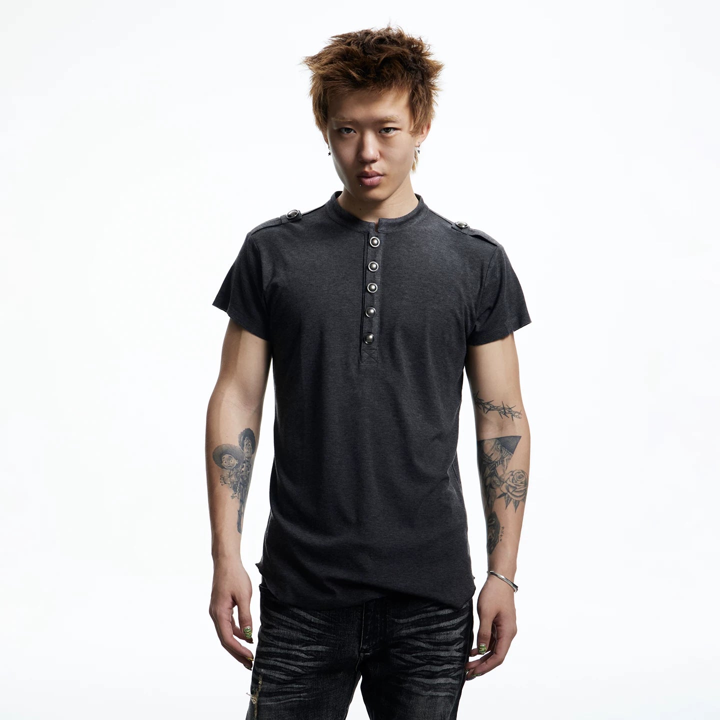 DND4DES American retro Henry collar short sleeved T-shirt court style metal buckle design top
