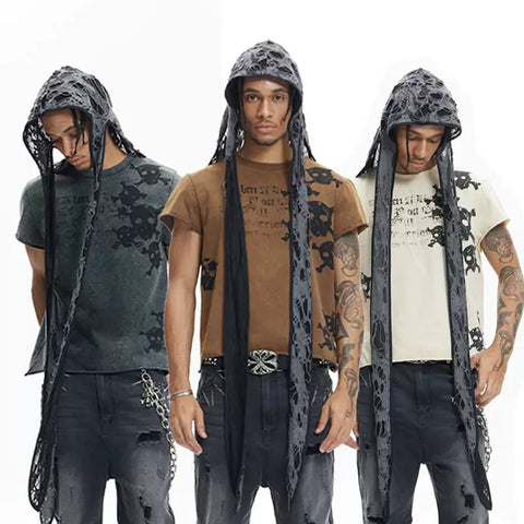 DND4DES Skeleton Printed Washed Outdated Curled Shoulder T-shirt American Street Trendy Brand Short Sleeve Three Color Slim Fit