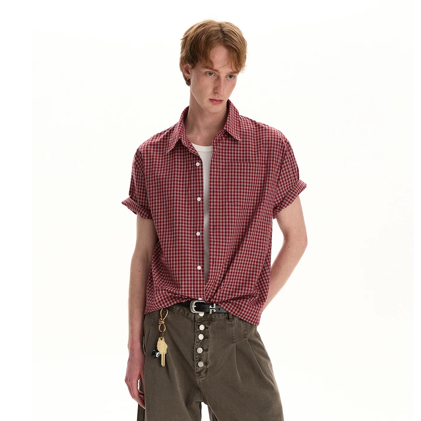 A PUEE American retro old money style short sleeved checkered shirt for men and women boxy short versatile commuting top