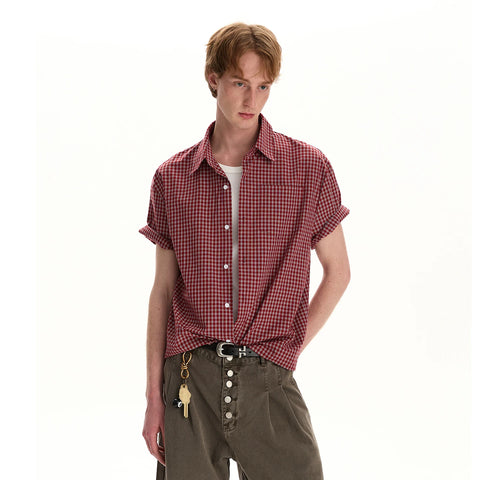 A PUEE American retro old money style short sleeved checkered shirt for men and women boxy short versatile commuting top