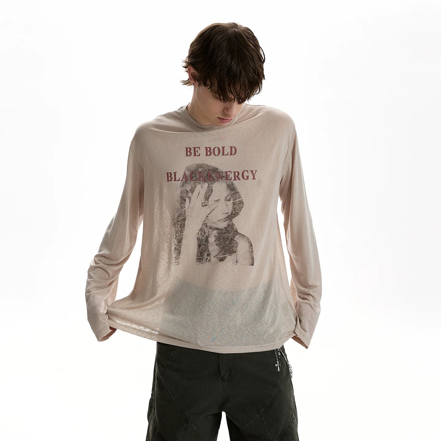 A PUEE retro vintage character letter printed long sleeved T-shirt, cool and loose casual versatile top, cover up, trendy