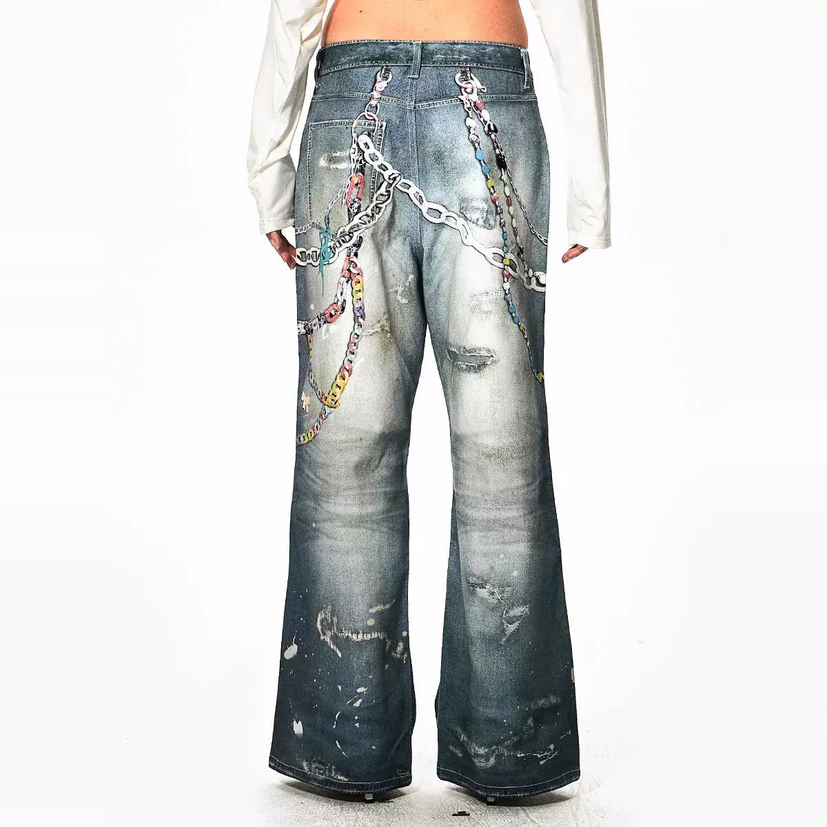 Wang Yiheng, Zhang Jie, Yuan Yiqi, same DND4DESyk cartoon chain wide leg pants design printed jeans