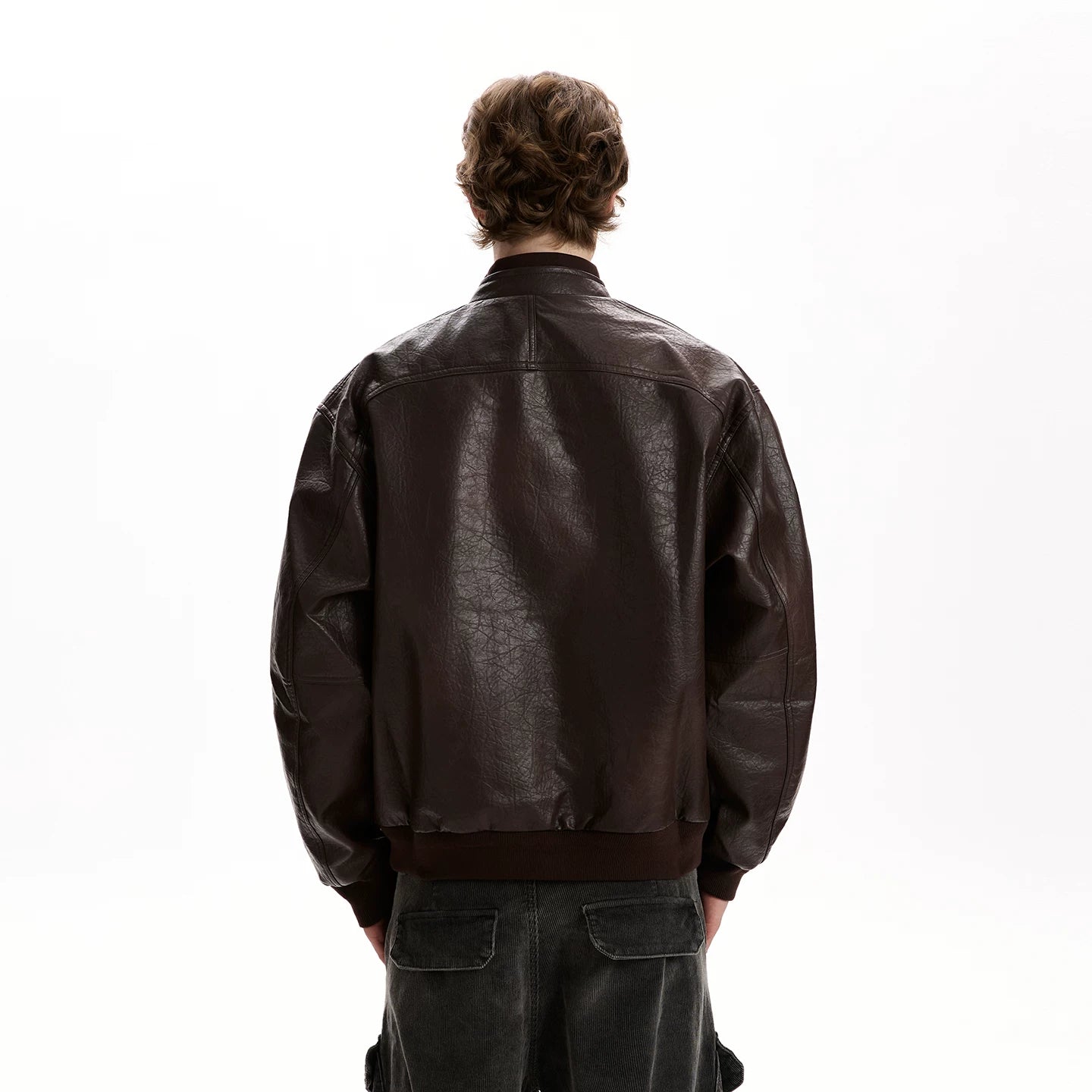 A PUEE American retro texture design PU leather jacket boxy multi pocket silhouette motorcycle suit jacket trendy