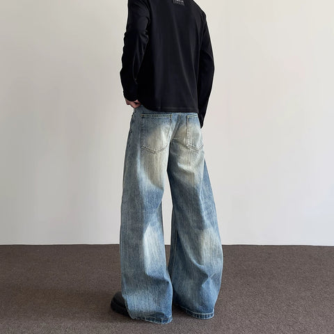 A PUEE American high street clean fit bamboo knot distressed curved jeans men's straight tube slightly flared long pants
