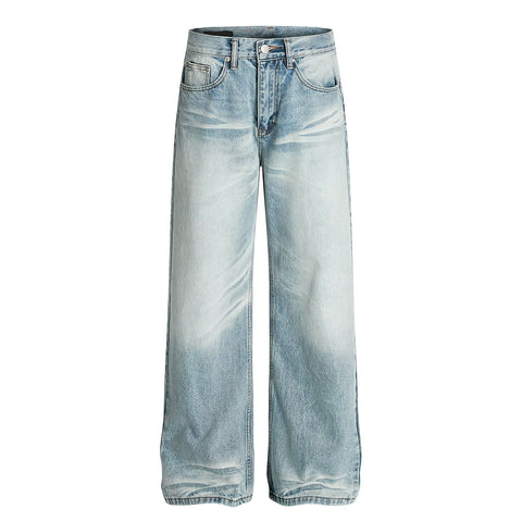 A PUEE American retro cleanfit washed ice blue jeans men's trendy straight tube micro flared versatile slimming pants