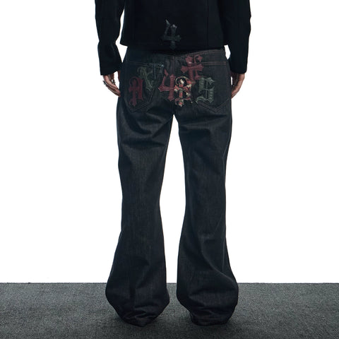 DND4DES American Street Gothic Camouflage Patch Leather Five Buckle Straight Tube Original Cow Casual Jeans Pants