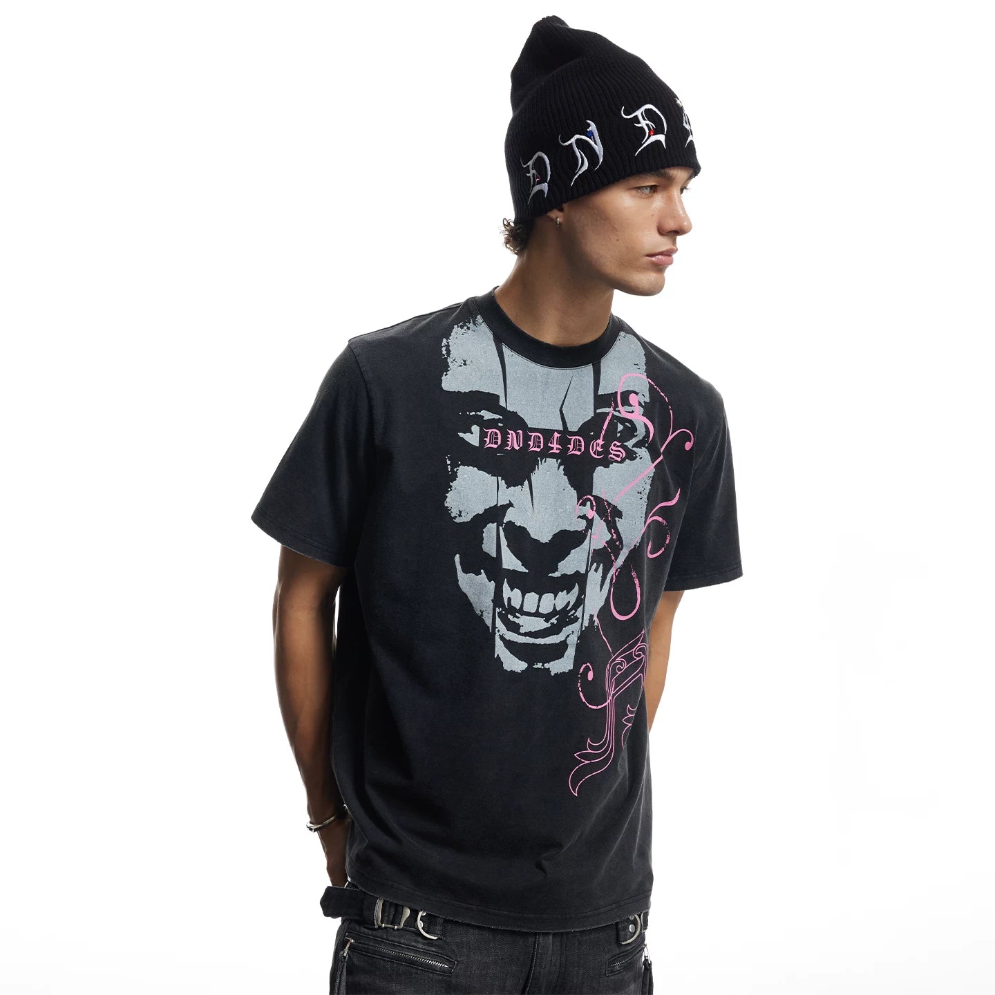 DND4DES American Street Heavy Industry Washed Old Dark Punk Note Portrait Loose Short sleeved T-shirt