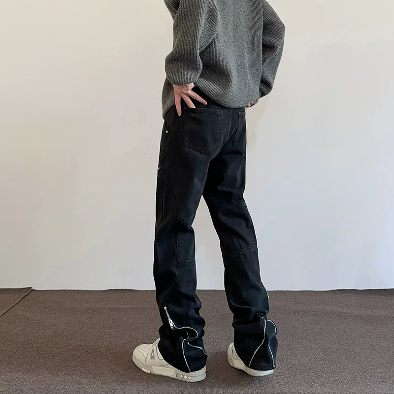 Apuee American High Street Vibe Zipper Split Make Old Black Jeans Men's and Women's Straight Tube Micro Pull Show Thin Pants