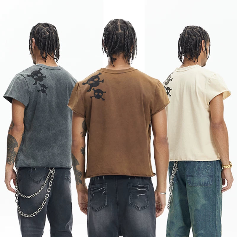 DND4DES Skeleton Printed Washed Outdated Curled Shoulder T-shirt American Street Trendy Brand Short Sleeve Three Color Slim Fit