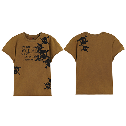 DND4DES Skeleton Printed Washed Outdated Curled Shoulder T-shirt American Street Trendy Brand Short Sleeve Three Color Slim Fit