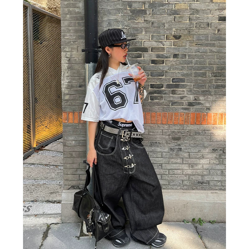 Mu Zhicheng, Wang Yiheng, Same Style DND4DES American Street Dening Original Bull Airplane Buckle Baggy Curved Knife Jeans