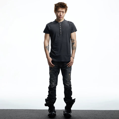 DND4DES American retro Henry collar short sleeved T-shirt court style metal buckle design top