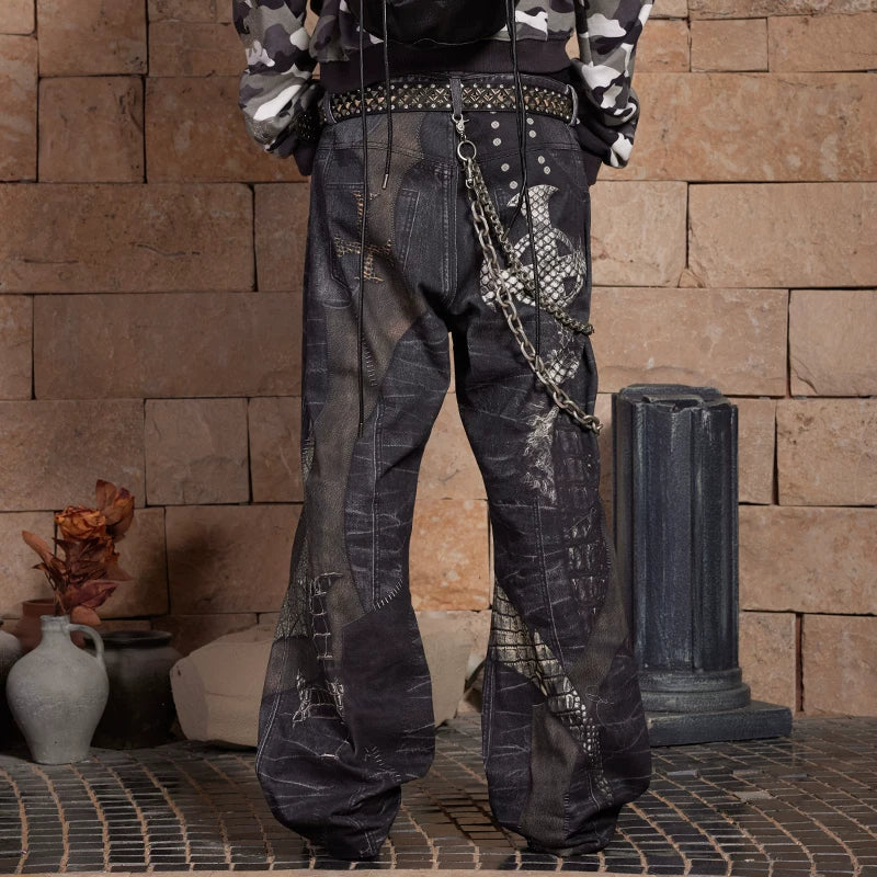 DND4DES Left Handed Zhang Yanqi Original Niche Digital Printed Cross Splicing Straight Leg Pants