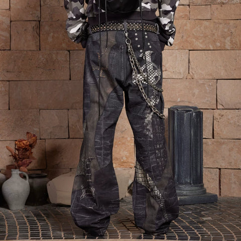 DND4DES Left Handed Zhang Yanqi Original Niche Digital Printed Cross Splicing Straight Leg Pants