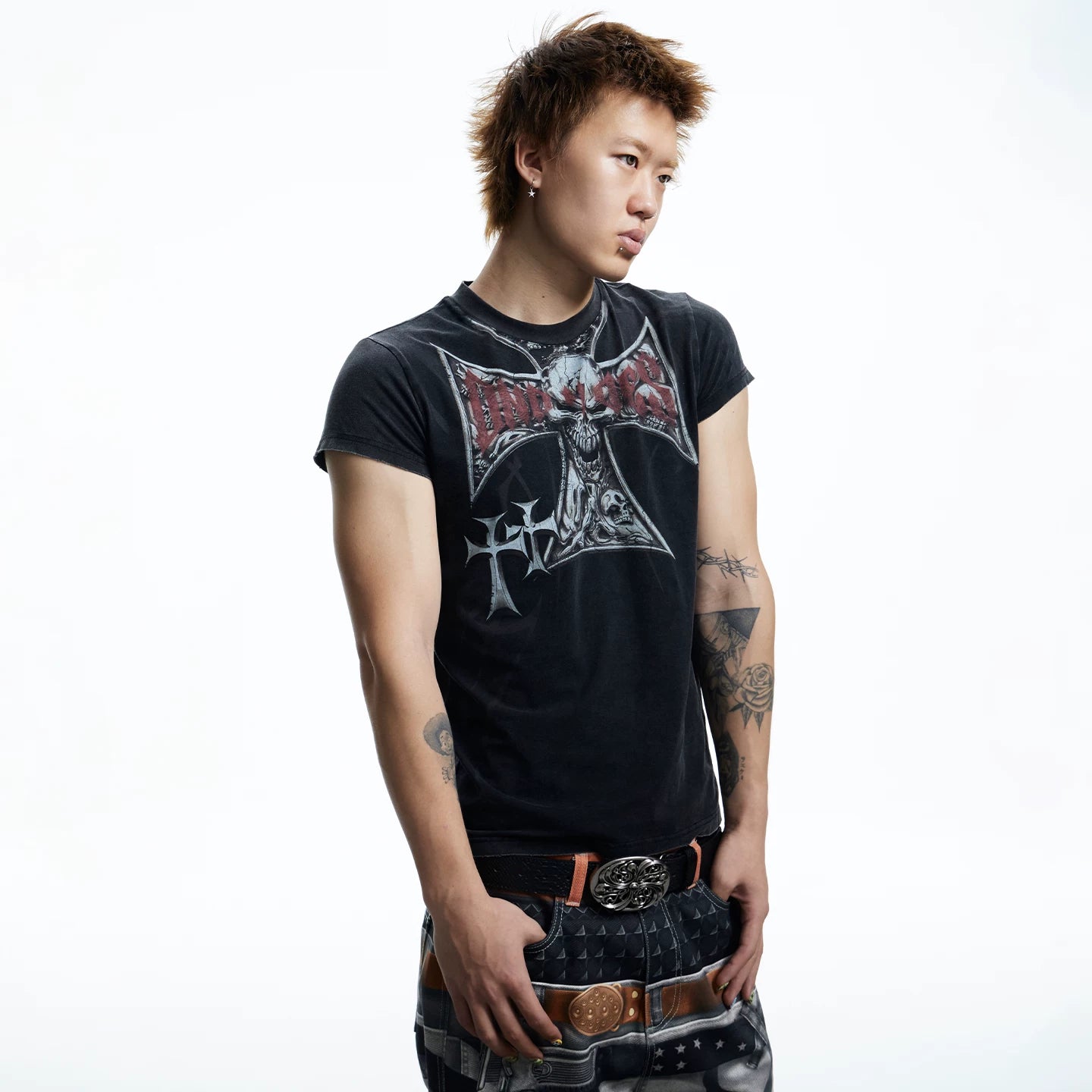 DND4DES American High Street Skeleton Cross T-shirt with Dark Graffiti Printed Short Sleeve