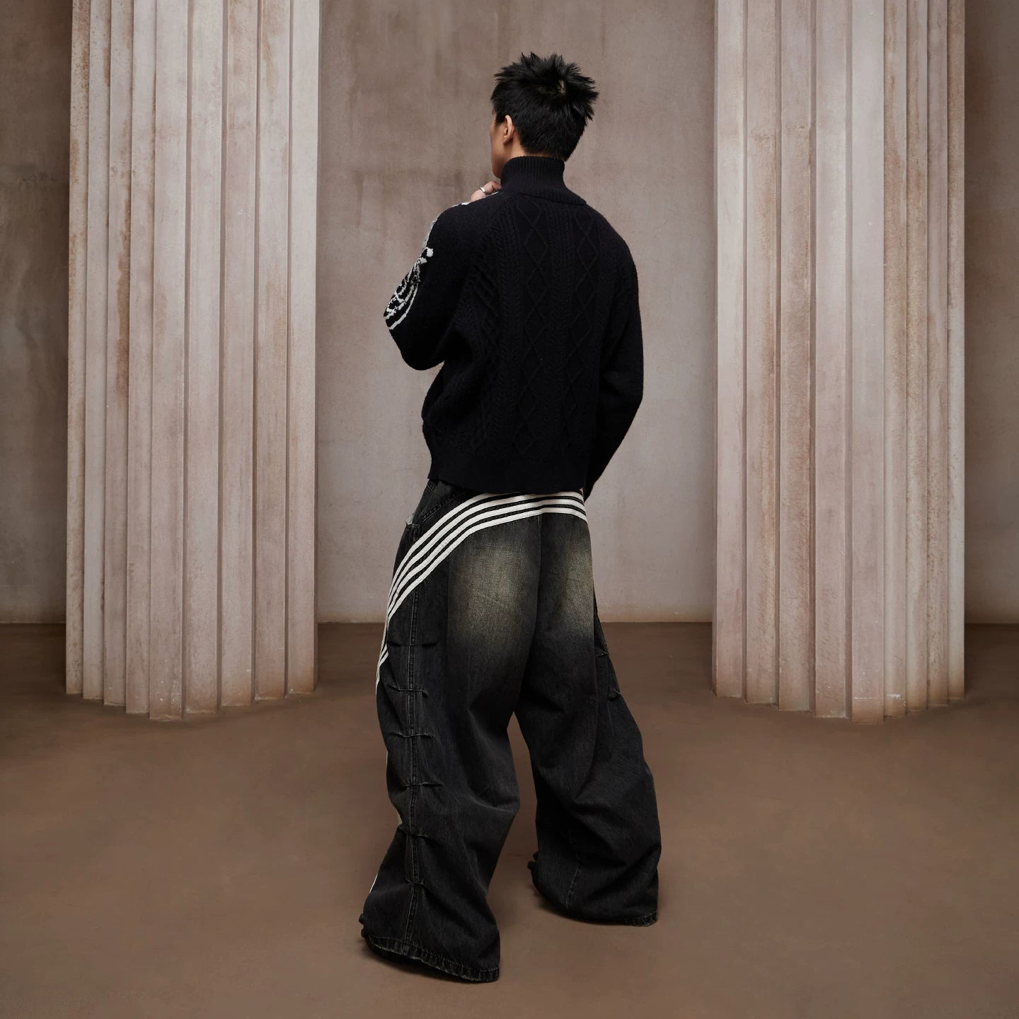 DND4DES Chen Sihan's same American retro heavy-duty washed distressed pleated striped patchwork wide leg jeans