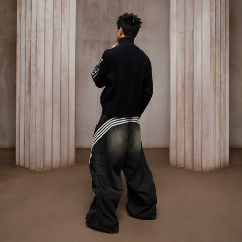 DND4DES Chen Sihan's same American retro heavy-duty washed distressed pleated striped patchwork wide leg jeans