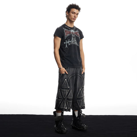 DND4DES American street design, casual, heavy-duty, washed and worn, loose knit cropped shorts