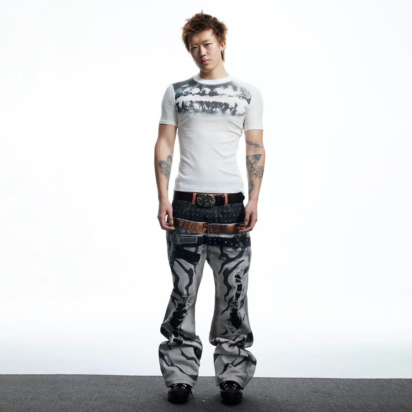 DND4DES dental drill opium dark tight print elastic slim fit wool blend inner bottom short sleeved T-shirt