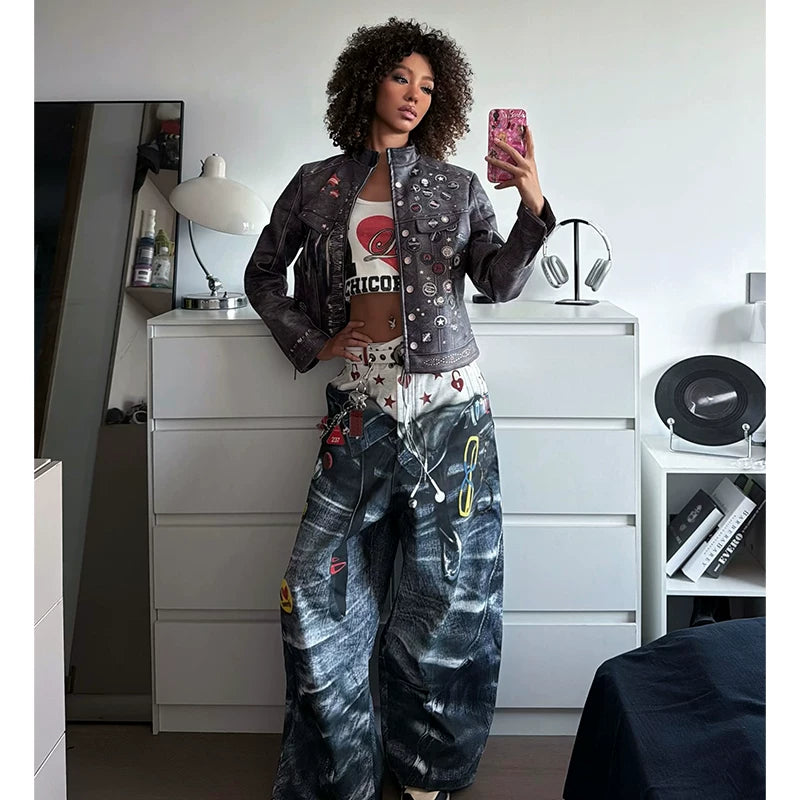 DND4DES Zhu Zhixin's original American style 3D printed pants with double waistband printed curved knife baggy jeans